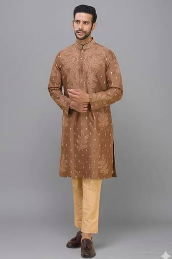 coffee silk kurta pant set with embroidered design