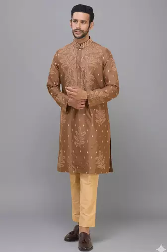 coffee silk kurta pant set with embroidered design