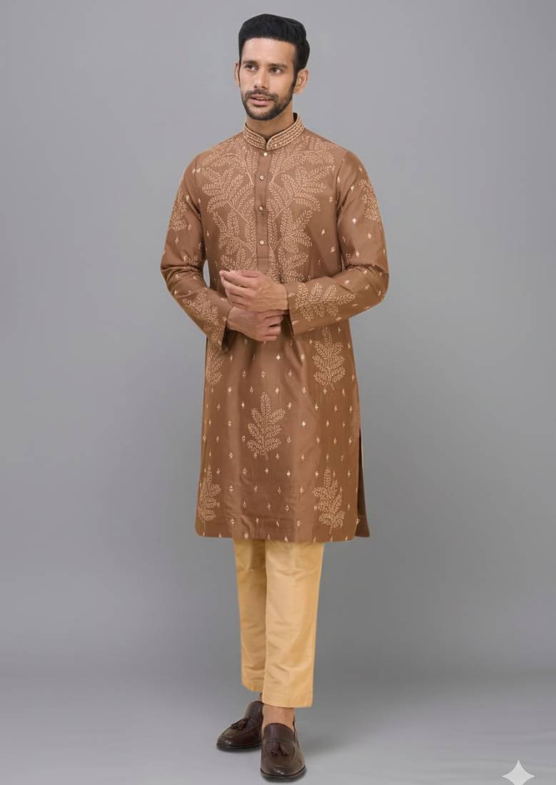 coffee silk kurta pant set with embroidered design
