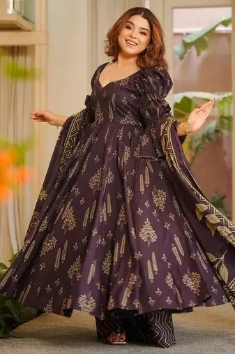 Purple maslin cotton party wear digital print suit set