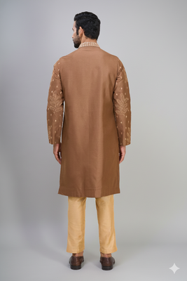 coffee silk kurta pant set with embroidered design 2
