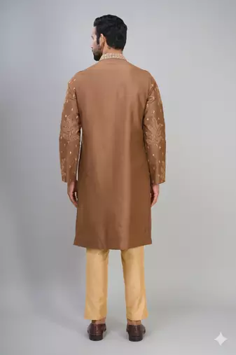 coffee silk kurta pant set with embroidered design