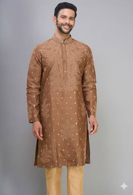 coffee silk kurta pant set with embroidered design 3