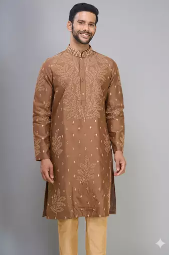 coffee silk kurta pant set with embroidered design