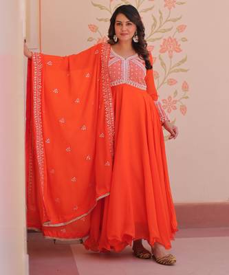 Women georgette rich & sequins embroidered work gown & kurta set for women 4
