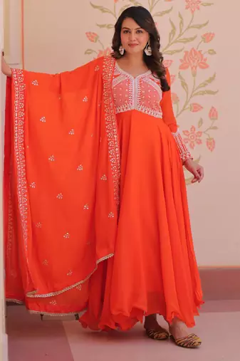 Women georgette rich & sequins embroidered work gown & kurta set for women