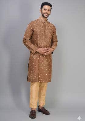 coffee silk kurta pant set with embroidered design 4