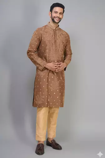 coffee silk kurta pant set with embroidered design