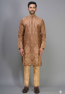 coffee silk mens kurta pant set with embroidered work 1