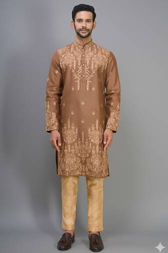 coffee silk mens kurta pant set with embroidered work