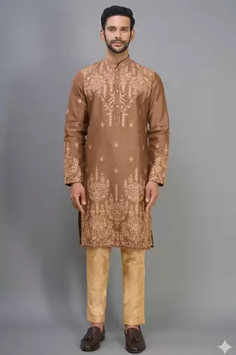 coffee silk mens kurta pant set with embroidered work