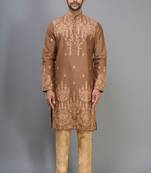 coffee silk mens kurta pant set with embroidered work