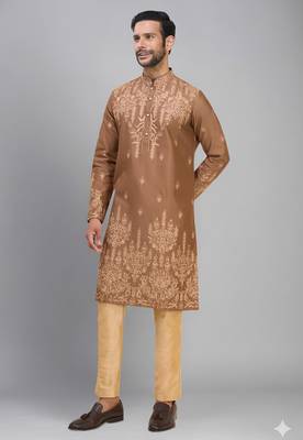 coffee silk mens kurta pant set with embroidered work 2