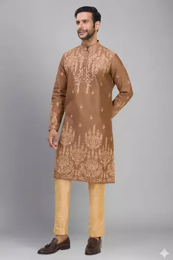 coffee silk mens kurta pant set with embroidered work