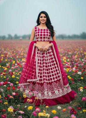 rani pink net lehenga choli with thread work design 1