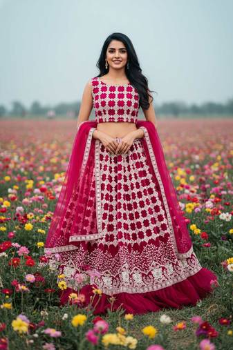rani pink net lehenga choli with thread work design
