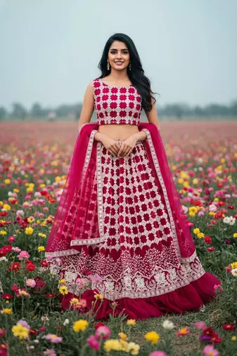 rani pink net lehenga choli with thread work design