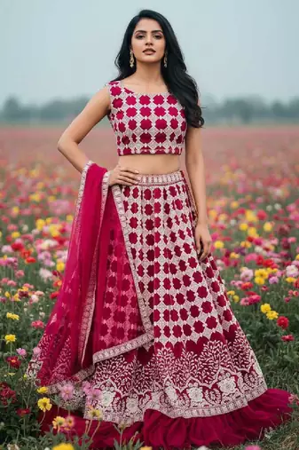 rani pink net lehenga choli with thread work design