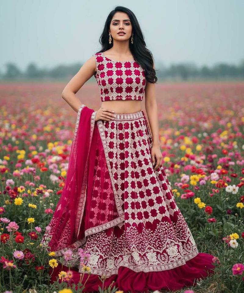 rani pink net lehenga choli with thread work design