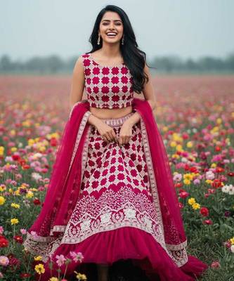 rani pink net lehenga choli with thread work design 3