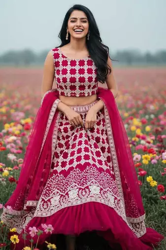 rani pink net lehenga choli with thread work design