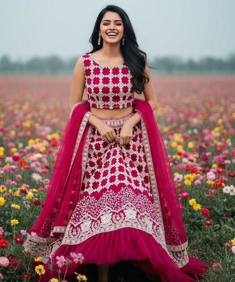 rani pink net lehenga choli with thread work design