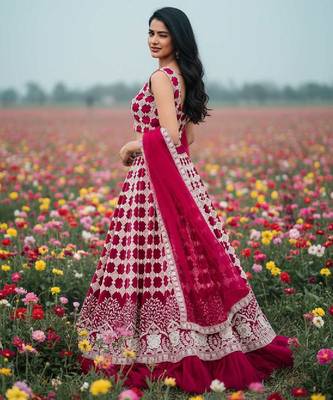 rani pink net lehenga choli with thread work design 4