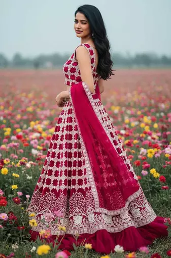 rani pink net lehenga choli with thread work design