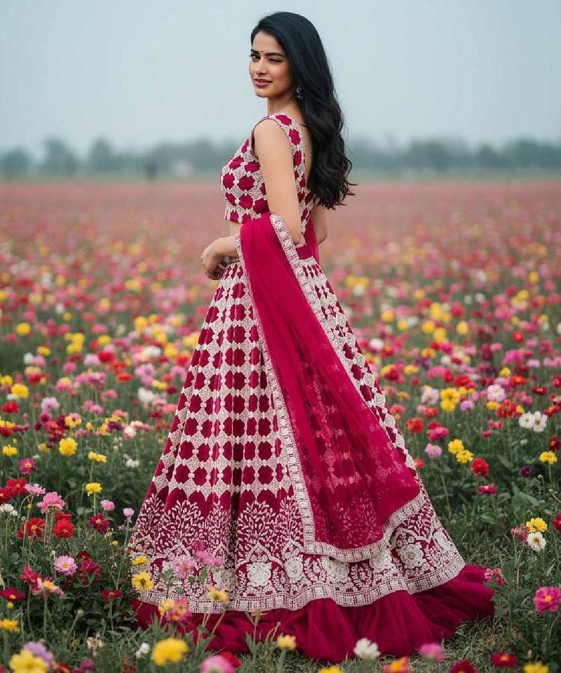rani pink net lehenga choli with thread work design