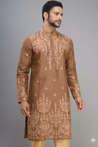 coffee silk mens kurta pant set with embroidered work