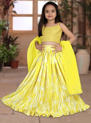 yellow silk girls lehenga choli with floral printed work 1