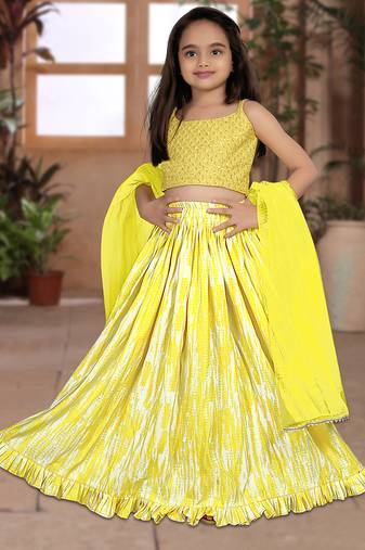 yellow silk girls lehenga choli with floral printed work
