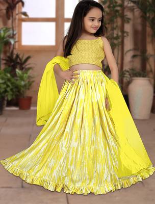 yellow silk girls lehenga choli with floral printed work 2