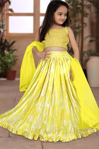 yellow silk girls lehenga choli with floral printed work