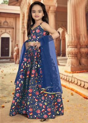 blue silk girls lehenga choli with floral printed work 1