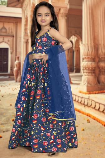 blue silk girls lehenga choli with floral printed work