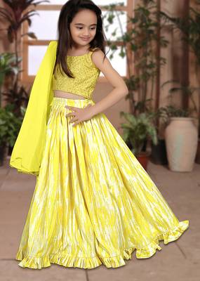 yellow silk girls lehenga choli with floral printed work 3
