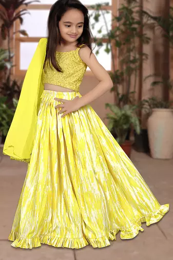 yellow silk girls lehenga choli with floral printed work