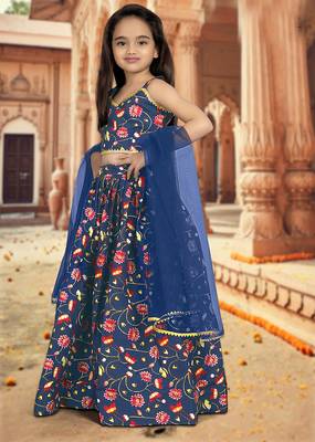 blue silk girls lehenga choli with floral printed work 2
