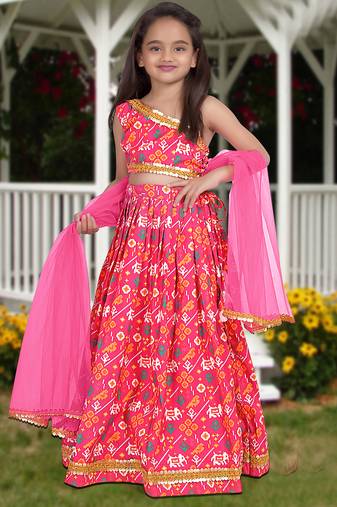 pink silk girls lehenga choli with floral printed work
