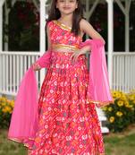 pink silk girls lehenga choli with floral printed work