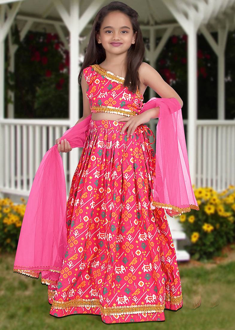 pink silk girls lehenga choli with floral printed work