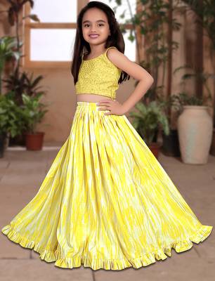 yellow silk girls lehenga choli with floral printed work 4