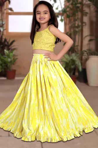 yellow silk girls lehenga choli with floral printed work
