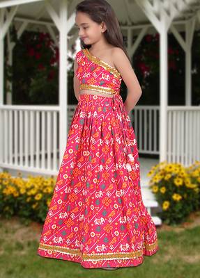 pink silk girls lehenga choli with floral printed work 2