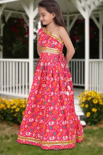 pink silk girls lehenga choli with floral printed work