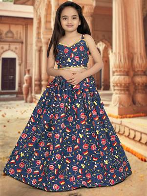 blue silk girls lehenga choli with floral printed work 3