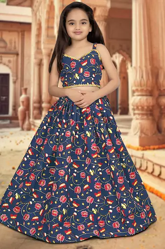 blue silk girls lehenga choli with floral printed work