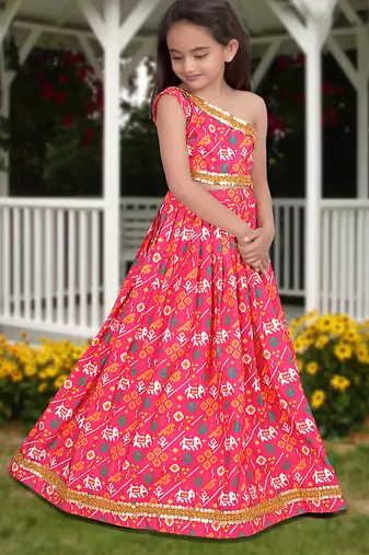 pink silk girls lehenga choli with floral printed work