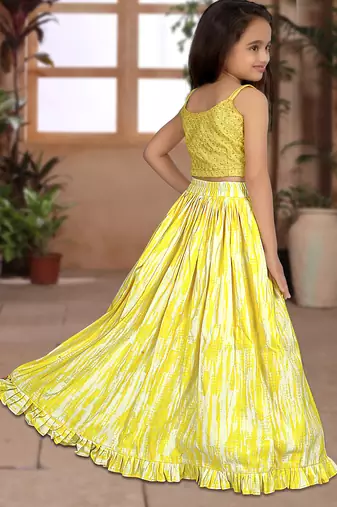 yellow silk girls lehenga choli with floral printed work